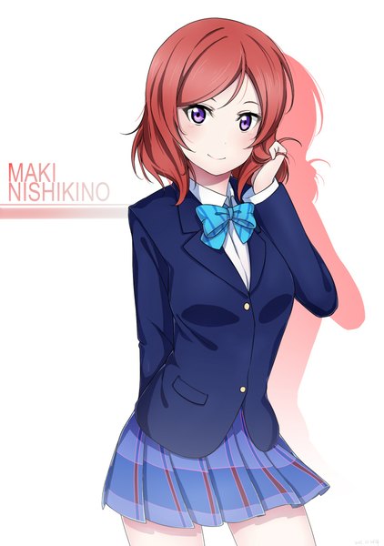 Anime picture 1440x2048 with love live! school idol project sunrise (studio) love live! nishikino maki shiimai single tall image looking at viewer blush short hair simple background smile white background purple eyes red hair shadow character names adjusting hair girl uniform