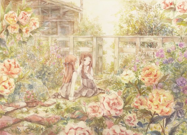 Anime picture 1875x1357 with original ashida (5232334) long hair blush highres brown hair sitting multiple girls brown eyes one eye closed from behind arm support kneeling traditional media watercolor (medium) hand on another's face girl dress flower (flowers) bow