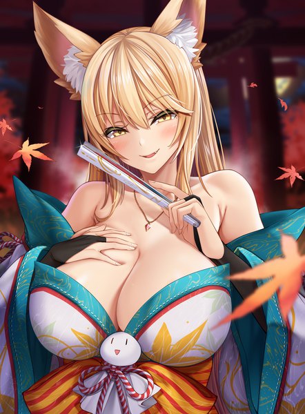 Anime picture 2800x3800 with original riku (yochris72) oni-noboru single long hair tall image blush fringe highres breasts open mouth light erotic blonde hair smile hair between eyes bare shoulders holding animal ears yellow eyes cleavage