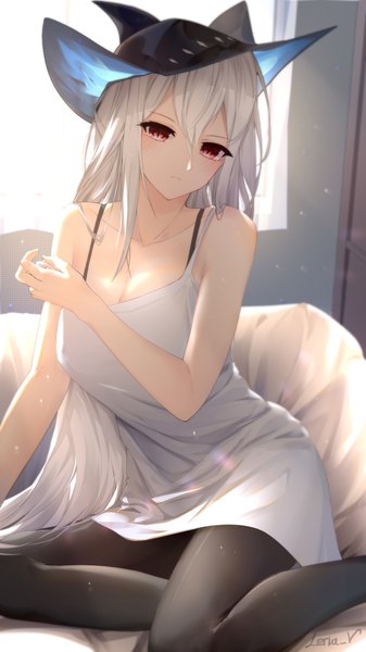 Anime picture 1294x2300 with arknights skadi (arknights) leria v single long hair tall image blush fringe breasts hair between eyes red eyes sitting bare shoulders signed looking away cleavage bent knee (knees) white hair indoors head tilt