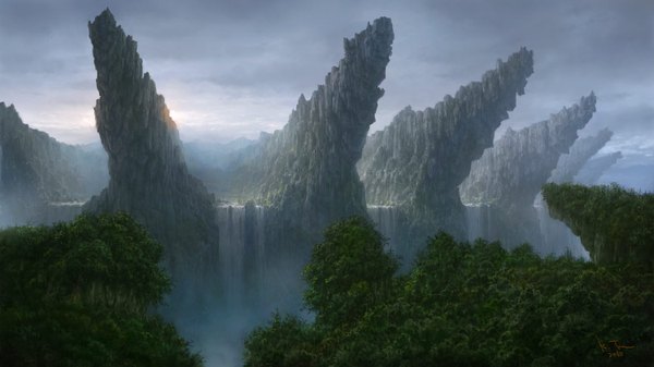 Anime picture 1500x844 with original k-takano wide image sky cloud (clouds) evening sunset landscape scenic waterfall tree (trees) water forest