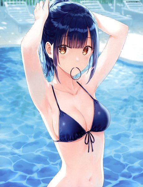 Anime picture 3952x5160 with original hiten (hitenkei) single tall image looking at viewer blush fringe highres short hair breasts light erotic black hair large breasts standing holding brown eyes payot absurdres cleavage outdoors