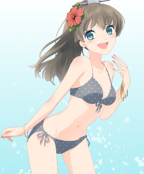 Anime picture 723x873 with kantai collection kumano heavy cruiser touboku single long hair tall image looking at viewer blush fringe breasts open mouth light erotic smile hair between eyes brown hair bare shoulders ponytail nail polish head tilt :d