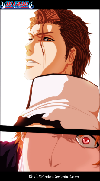 Anime picture 592x1072 with bleach studio pierrot kurosaki ichigo aizen sousuke khalilxpirates tall image short hair simple background brown hair white background brown eyes traditional clothes japanese clothes pink eyes looking back orange hair inscription multiple boys coloring manga