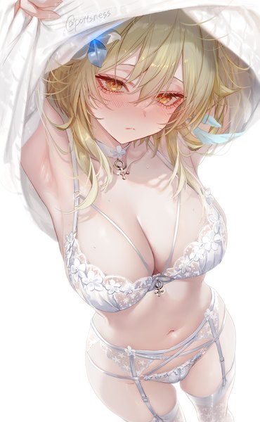 Anime picture 5000x8100 with genshin impact lumine (genshin impact) pottsness single long hair tall image blush fringe highres breasts light erotic simple background blonde hair hair between eyes large breasts standing white background signed yellow eyes absurdres