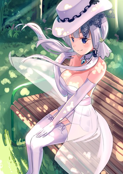 Anime picture 1214x1717 with azur lane illustrious (azur lane) 9u cumber single long hair tall image blush fringe breasts blue eyes light erotic smile large breasts sitting twintails looking away cleavage silver hair outdoors blunt bangs