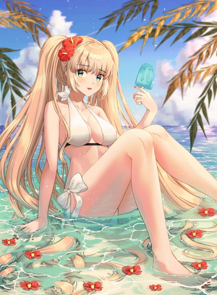 Anime picture 2500x3400 with original jisu lee single tall image looking at viewer blush fringe highres open mouth light erotic blonde hair sitting twintails holding green eyes payot sky cloud (clouds) bent knee (knees) blunt bangs