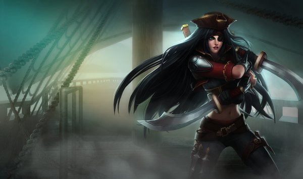 Anime picture 1215x717 with league of legends katarina (league of legends) single long hair blue eyes black hair wide image standing aqua eyes midriff pirate girl navel weapon sword armor eyepatch knife watercraft dagger