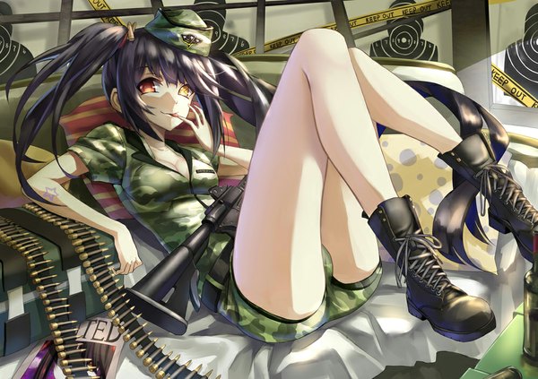 Anime picture 1000x706 with date a live tokisaki kurumi kamiljm single long hair looking at viewer blush black hair smile red eyes twintails yellow eyes cleavage legs heterochromia finger to mouth striped :p military wanted