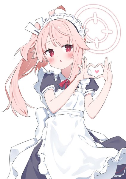 Anime-Bild 1443x2048 mit blue archive natsu (blue archive) suta0822 single long hair tall image looking at viewer blush simple background white background pink hair ahoge pink eyes :o maid side ponytail heart hands girl uniform headdress