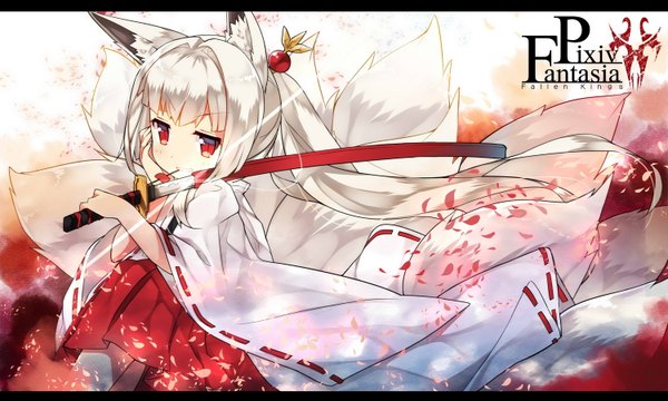 Anime picture 1500x900 with original pixiv fantasia pixiv fantasia fallen kings saru (longbb) single long hair looking at viewer fringe smile red eyes wide image animal ears silver hair ponytail tail traditional clothes japanese clothes animal tail loli fox ears