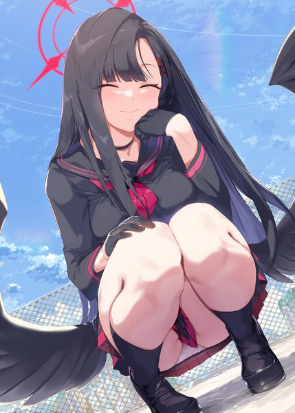 Anime picture 850x1189 with blue archive ichika (blue archive) ohland single long hair tall image light erotic black hair smile sky eyes closed pantyshot squat ^ ^ head rest girl gloves uniform underwear panties