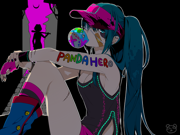 Anime picture 1600x1200 with vocaloid panda hero (vocaloid) hatsune miku gumi kurono yuu long hair twintails green eyes nail polish green hair tattoo scar silhouette bandaid on face girl boots eyepatch cap bandaid baseball bat