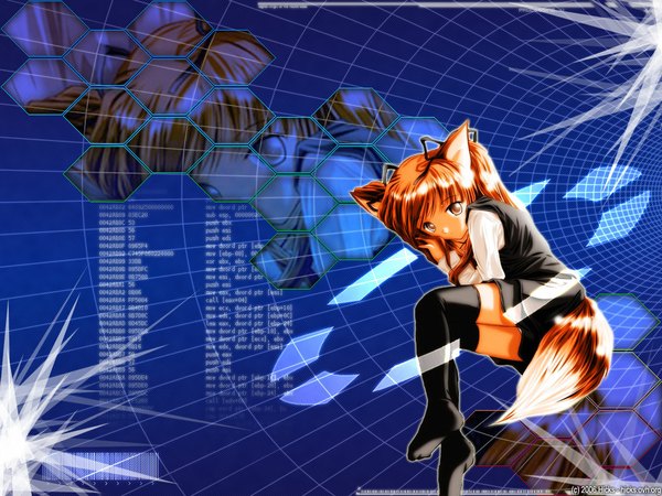 Anime picture 1024x768 with yukirin tail fox girl girl thighhighs skirt ribbon (ribbons)