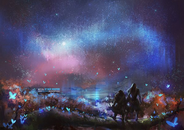 Anime picture 1191x842 with the hobbit kili tauriel ly hao nguyen long hair standing signed sky night night sky couple silhouette lake girl boy plant (plants) tree (trees) water armor insect