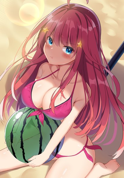 Anime picture 1043x1500 with go-toubun no hanayome nakano itsuki mizuki ryuu single long hair tall image looking at viewer blush fringe breasts blue eyes light erotic hair between eyes large breasts sitting bare shoulders holding payot cleavage outdoors