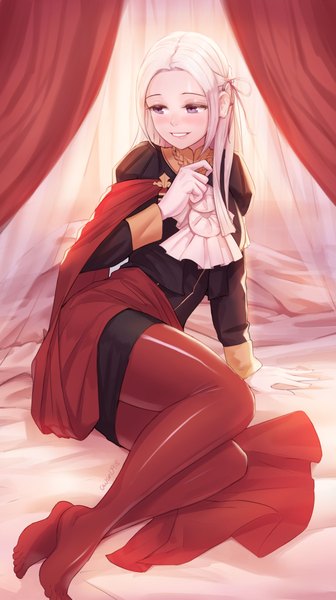 Anime-Bild 2800x5000 mit fire emblem fire emblem: three houses nintendo edelgard von hresvelg awan0918 single long hair tall image highres sitting purple eyes looking away silver hair full body bent knee (knees) indoors long sleeves parted lips arm support no shoes