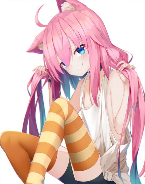 Anime picture 790x1000 with virtual youtuber hinata channel nekomiya hinata soya (torga) single long hair tall image looking at viewer fringe blue eyes light erotic simple background smile hair between eyes white background sitting animal ears pink hair ahoge cat ears