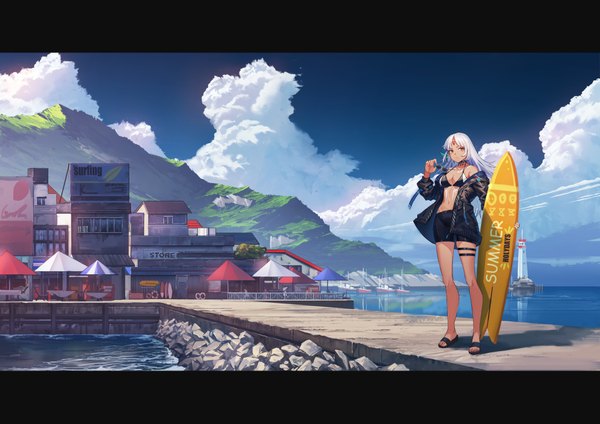 Anime picture 8350x5906 with azur lane massachusetts (azur lane) doren single long hair looking at viewer fringe highres breasts light erotic standing holding brown eyes absurdres sky silver hair cloud (clouds) full body outdoors arm up