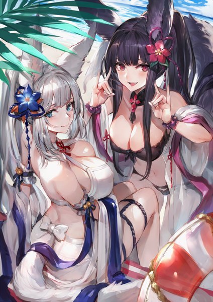 Anime picture 1427x2019 with granblue fantasy yuel (granblue fantasy) socie (granblue fantasy) watao long hair tall image looking at viewer blush fringe breasts open mouth blue eyes light erotic black hair smile hair between eyes red eyes large breasts standing sitting