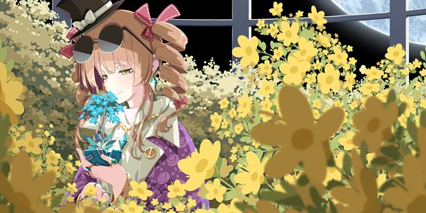 Anime picture 1200x602 with touhou yorigami jo'on sakuraba yuuki single long hair brown hair wide image twintails yellow eyes upper body drill hair looking down sunglasses on head girl flower (flowers) moon ring sunglasses top hat