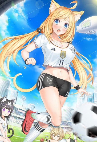 Anime picture 1300x1891 with fifa adidas world cup 2018 fifa world cup sunimu long hair tall image looking at viewer blush fringe short hair breasts open mouth blue eyes light erotic black hair blonde hair large breasts sitting twintails