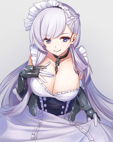 Anime picture 1200x1500 with azur lane belfast (azur lane) ayamori mimi single long hair tall image looking at viewer fringe breasts blue eyes light erotic simple background smile large breasts payot cleavage silver hair braid (braids) grey background maid