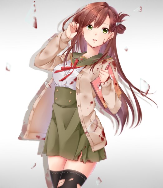 Anime picture 1500x1720 with gakkou gurashi! wakasa yuuri chunairenzu single long hair tall image looking at viewer blush fringe open mouth brown hair holding green eyes yellow eyes gradient background torn clothes adjusting hair bloody clothes blood stains girl