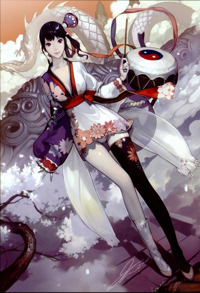 Anime picture 1735x2537 with original 1000marie ryu hunyong (artisst) single tall image highres short hair light erotic smile purple eyes cleavage purple hair cloud (clouds) japanese clothes cherry blossoms girl thighhighs underwear panties ribbon (ribbons)
