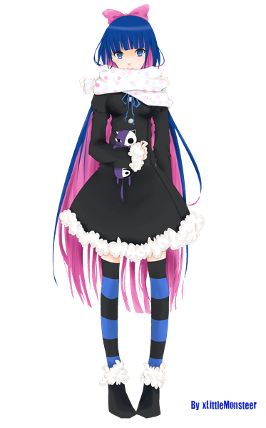 Anime picture 2000x3213 with panty & stocking with garterbelt anarchy stocking xlittlemonsteer single long hair tall image blush fringe highres blue eyes standing blue hair pink hair multicolored hair two-tone hair colored inner hair girl thighhighs animal scarf