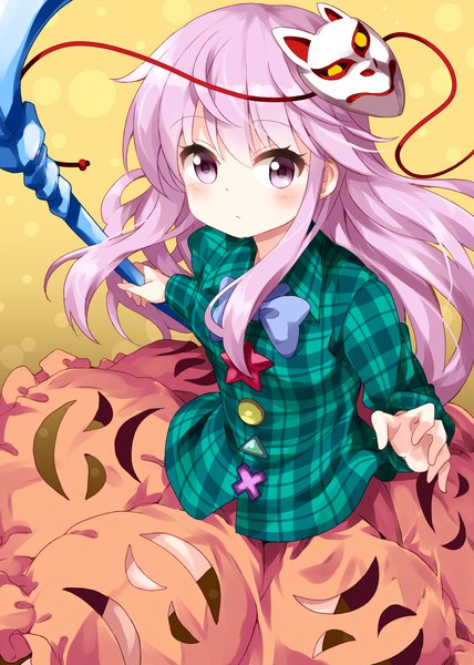 Anime picture 1000x1400 with touhou hata no kokoro ruu (tksymkw) single long hair tall image looking at viewer blush fringe hair between eyes pink hair pink eyes from above plaid mask on head girl shirt bowtie mask checkered shirt