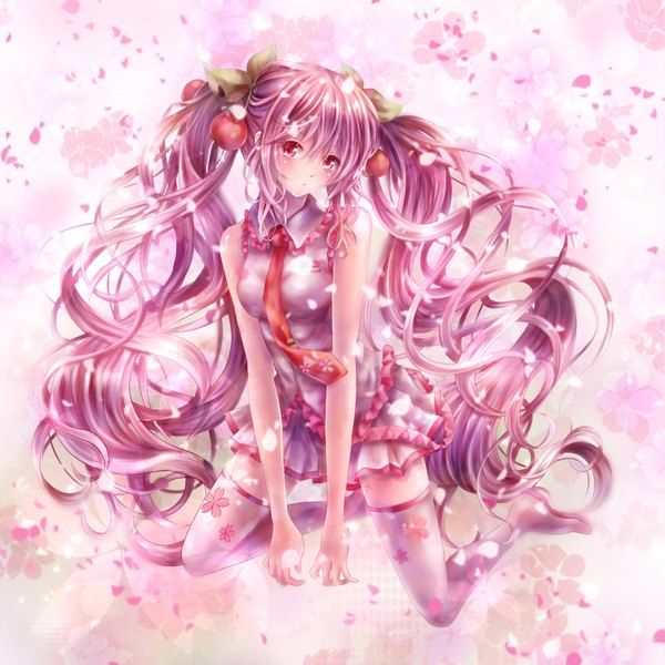 Anime picture 2000x2000 with vocaloid hatsune miku sakura miku daphne zhang single long hair blush highres red eyes twintails pink hair cherry blossoms girl thighhighs skirt flower (flowers) miniskirt petals white thighhighs vest