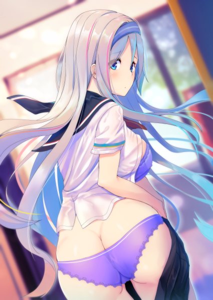 Anime picture 1700x2400 with original liya single long hair tall image looking at viewer blush fringe breasts blue eyes light erotic hair between eyes large breasts standing holding ass looking back multicolored hair sunlight blurry