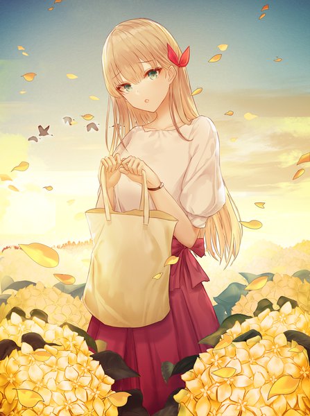 Anime picture 2236x3000 with original bosumonki single long hair tall image looking at viewer fringe highres open mouth blonde hair hair between eyes standing holding green eyes payot sky cloud (clouds) outdoors head tilt pleated skirt