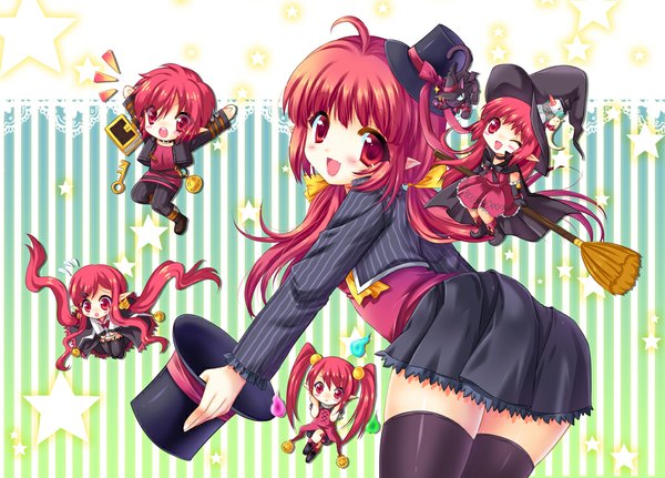Anime picture 1000x719 with dungeon and fighter mage (dungeon and fighter) ratise long hair blush open mouth red eyes red hair one eye closed pointy ears wink chibi girl thighhighs dress black thighhighs hat star (symbol) witch hat