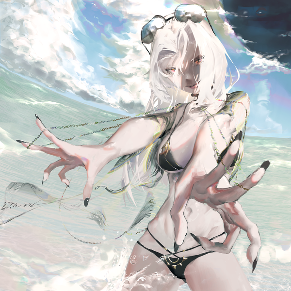 Anime picture 3000x3000 with fate (series) fate/grand order carmilla (fate) carmilla (swimsuit rider) (fate) waterswing single long hair looking at viewer fringe highres breasts light erotic smile hair between eyes large breasts standing sky cloud (clouds) outdoors white hair