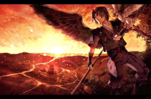 Anime picture 1250x820 with sunakumo single short hair brown hair sky japanese clothes from above evening sunset landscape architecture east asian architecture boy weapon animal wings bird (birds) pants sun