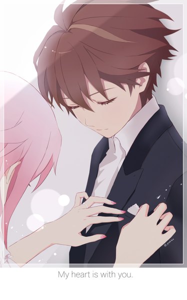 Anime picture 900x1443 with guilty crown production i.g yuzuriha inori ouma shu yukilus long hair tall image fringe short hair simple background hair between eyes brown hair signed payot pink hair ahoge eyes closed nail polish head tilt couple