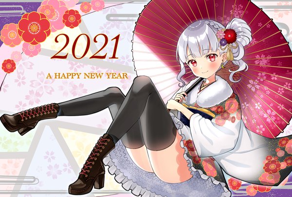 Anime picture 2039x1378 with original luna (mi-chanman) single long hair blush highres light erotic smile red eyes silver hair full body traditional clothes japanese clothes hair bun (hair buns) high heels lacing new year happy new year 2021 girl