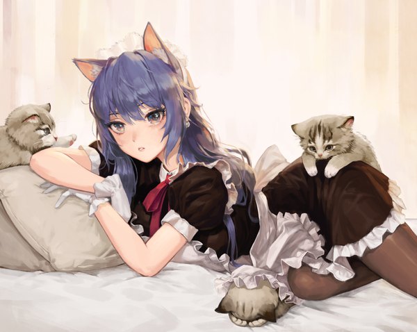Anime picture 3521x2807 with original sub chon9 single long hair looking at viewer blush fringe highres animal ears blue hair absurdres bent knee (knees) lying parted lips cat ears short sleeves maid cat girl grey eyes puffy sleeves