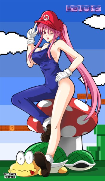 Anime picture 800x1375 with super mario bros. the-sinner single long hair tall image blush breasts light erotic smile red eyes large breasts pink hair ponytail one eye closed wink no bra girl gloves flat cap mushroom (mushrooms)