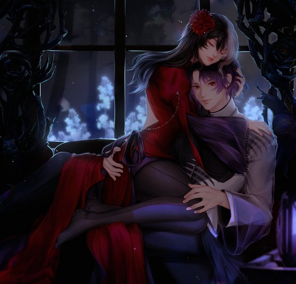 Anime picture 2330x2239 with shards of fate original kin (shards of fate) qweka alqmia long hair looking at viewer highres short hair black hair red eyes sitting purple hair bent knee (knees) white hair eyes closed long sleeves nail polish parted lips multicolored hair