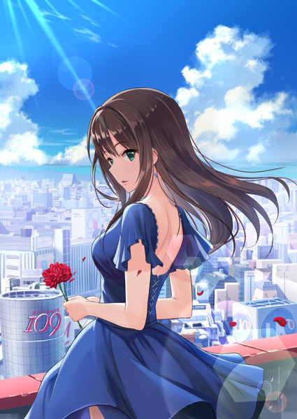 Anime picture 788x1113 with idolmaster idolmaster cinderella girls shibuya rin tamakaga single long hair tall image looking at viewer fringe breasts open mouth brown hair standing holding payot sky cloud (clouds) outdoors looking back aqua eyes