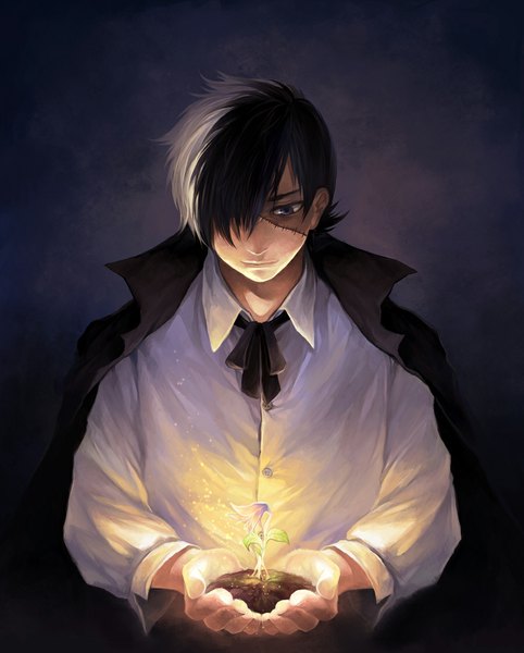 Anime picture 900x1120 with black jack hazama kuroo kimaku (artist) single tall image blue eyes black hair simple background white hair multicolored hair light smile two-tone hair looking down scar boy flower (flowers) shirt white shirt cloak