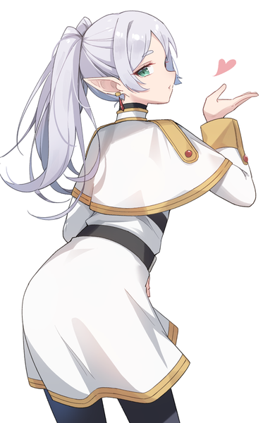 Anime picture 1368x2199 with sousou no frieren frieren profnote single long hair tall image looking at viewer simple background white background twintails green eyes silver hair profile pointy ears from behind turning head elf meme blown kiss frieren blowing a kiss (meme)