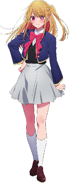 Anime picture 600x1474 with oshi no ko hoshino ruby single long hair tall image blush blonde hair smile full body pink eyes official art hand on hip one side up symbol-shaped pupils transparent background girl skirt uniform school uniform miniskirt