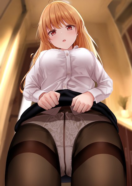 Anime picture 2150x3035 with original monaka curl single long hair tall image blush fringe highres breasts open mouth light erotic blonde hair red eyes standing ahoge indoors head tilt blurry from below depth of field