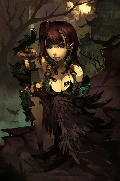 Anime picture 667x1000 with original bebe1999 single tall image looking at viewer short hair breasts light erotic brown hair brown eyes pointy ears tattoo girl swimsuit animal bikini bird (birds) black bikini crow