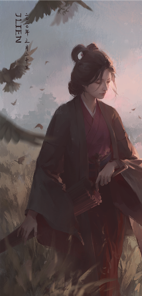 Anime picture 673x1400 with sekiro: shadows die twice from software emma the gentle blade jlien- single tall image short hair brown hair standing holding signed sky outdoors eyes closed traditional clothes japanese clothes text hair rings korean girl