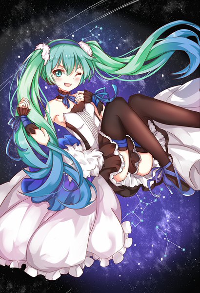 Anime picture 700x1024 with 7th dragon 2020 project diva f 2nd vocaloid hatsune miku eiba single tall image looking at viewer blush fringe open mouth hair between eyes twintails blue hair very long hair one eye closed multicolored hair aqua eyes wink night